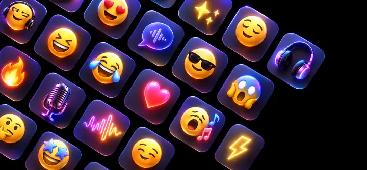 Ein dunkles abstraktes Feld aus ausdrucksstarken Emojis und leuchtenden Symbolen für Emotionen.