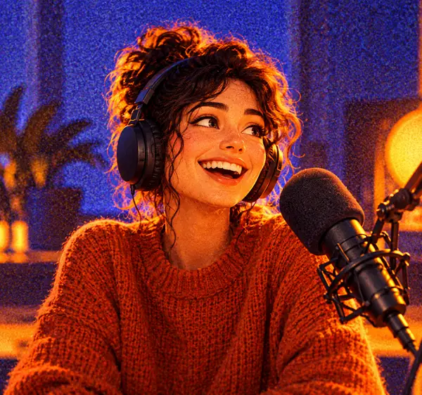 Lächelnder Avatar eines Podcast-Produzenten in warmen Farben.